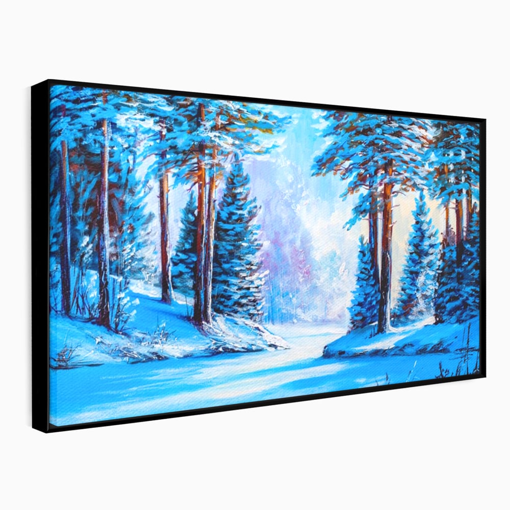 Tablou canvas cu pictura peisaj de iarna cu padure si zapada, in rama de aluminiu negru